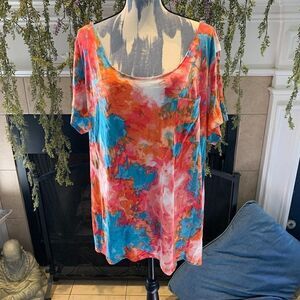 Ambiance Women's 3X orange pink teal tie dye off the shoulder short sleeve shirt
